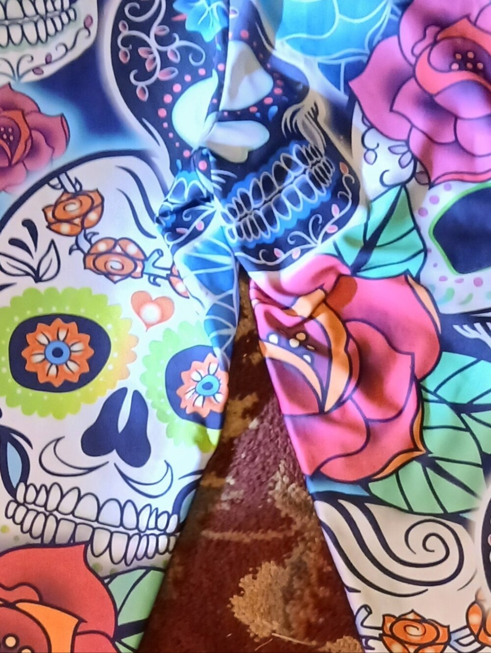 Fashlegs Brand. Colorful Day of the Dead sugar skull and rose print